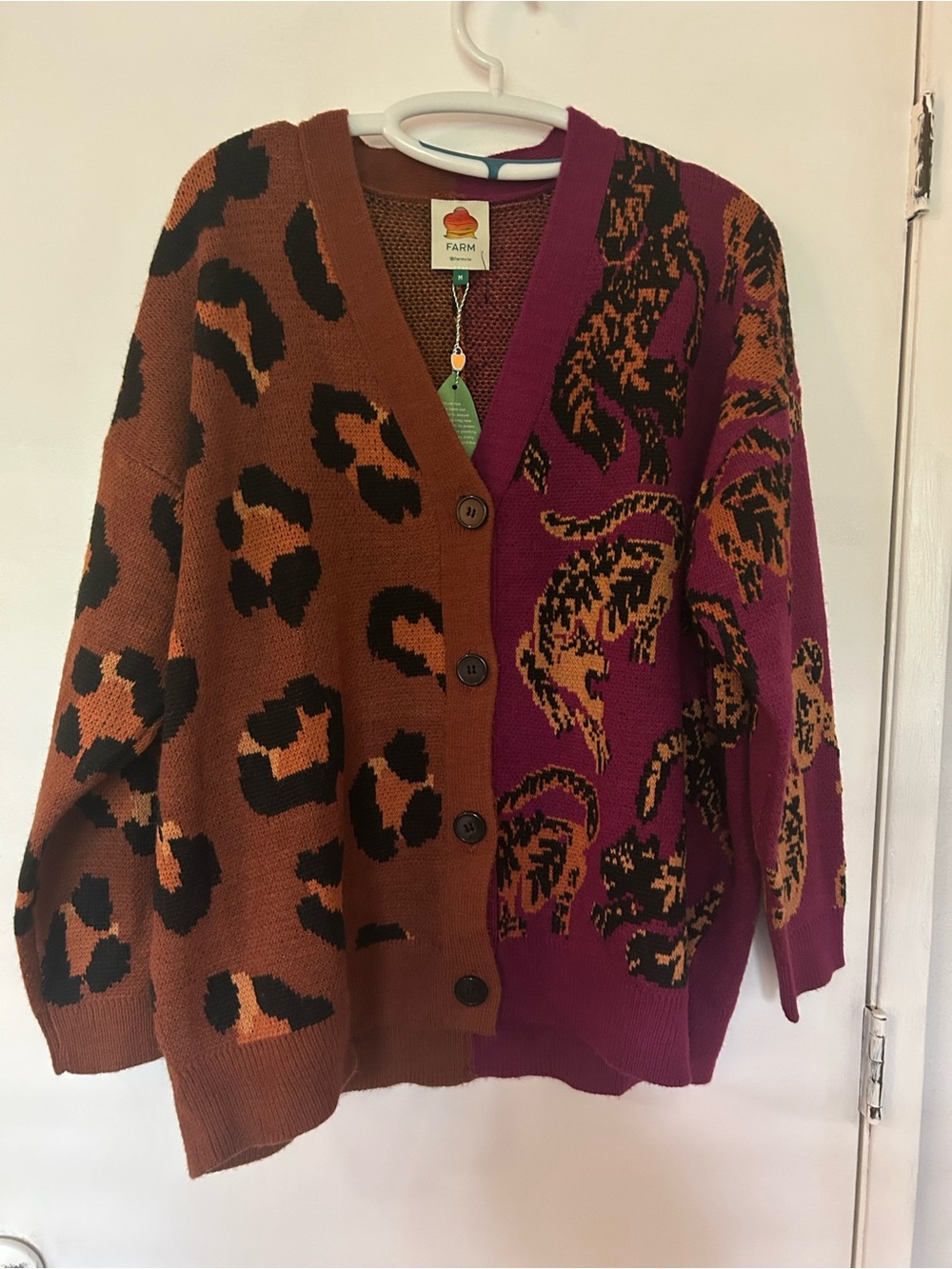 FARM Rio Brown and Magenta Leopard-Print Button Cardigan